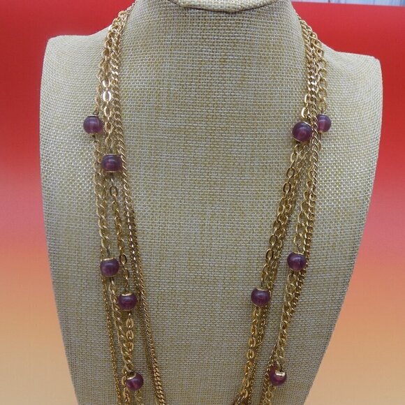 Vintage Multi-Strand Necklace Layered Etruscan Revival Gold-tone Purple Beads - Picture 5 of 7